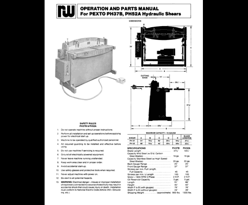 Pexto PH37B & PH52A Hydraulic Shears Manual Parts & Ops