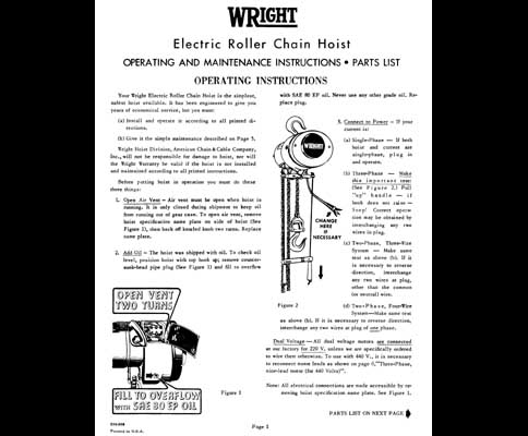 Wright Electric Roller Chain Hoist Manual -Whiting Type