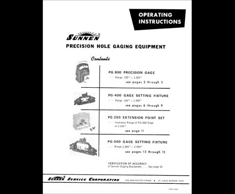 Sunnen Precision Hole Gaging Equipment Operating Manual